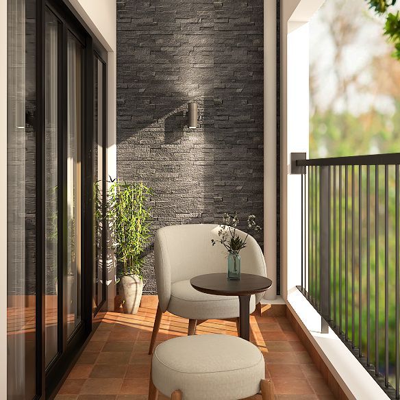 Balcony Design With Stone Cladding Wall Balcony Walls Ideas, Wooden Tiles Flooring Balcony, Balcony Floor Tiles Design, Balcony Wall Tiles Ideas, Tiles For Balcony Walls, Small Balcony Tiles Floors, Wall Tiles For Balcony, Balcony Partition Ideas, Dry Balcony Ideas Indian