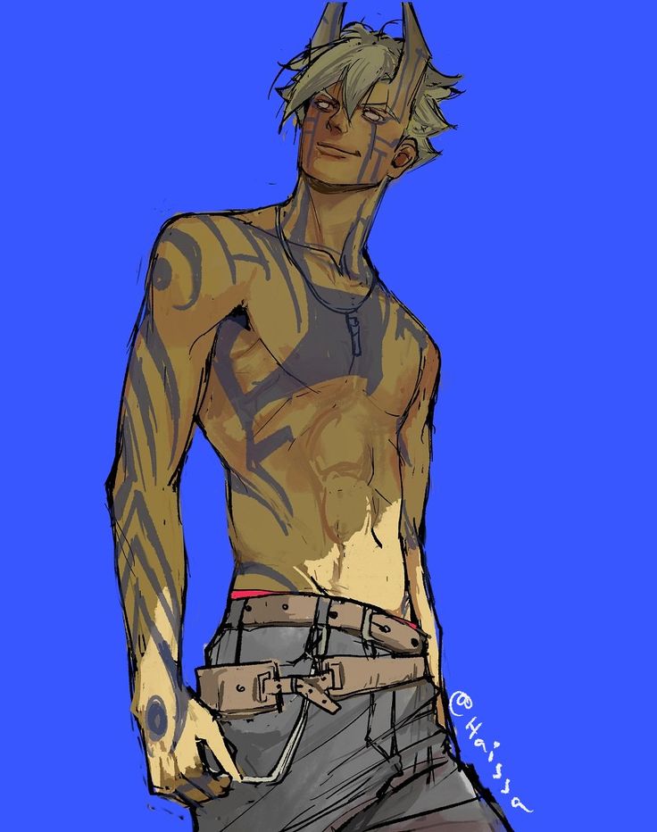 a drawing of a man with tattoos on his arms and chest, standing in front of a blue background