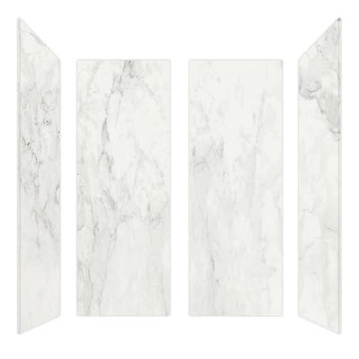 four white marble panels with different shapes and sizes on each panel, all in the same pattern