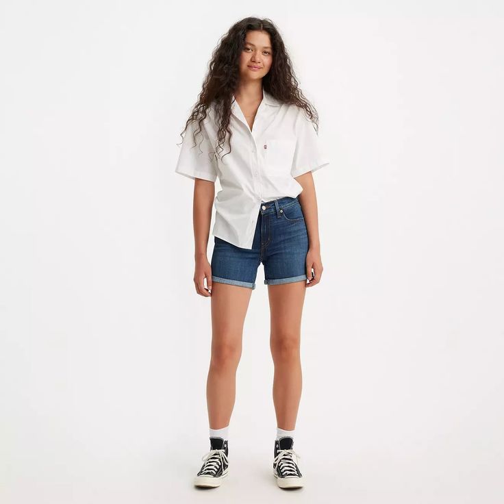 Mid Length Women's Shorts - Dark Wash | Levi's® US Ribcage Jeans, Levis Outfit, Classic Shorts, Mid Length Shorts, Relaxed Jeans, Lightweight Dress, Loose Jeans, Levi Shorts, Tapered Jeans