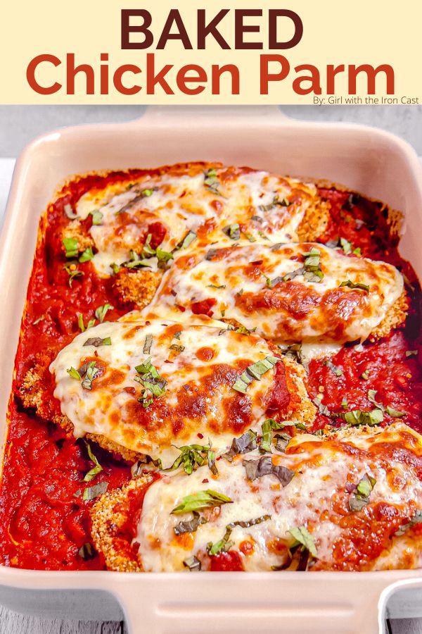 baked chicken parm in a casserole dish with text overlay that reads baked chicken parm