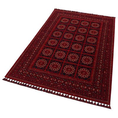 a red rug with an intricate design on the top and bottom, is shown in full view