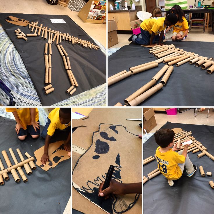 several pictures of children playing with wooden toys in a room and on the floor, while one child is building a model train track