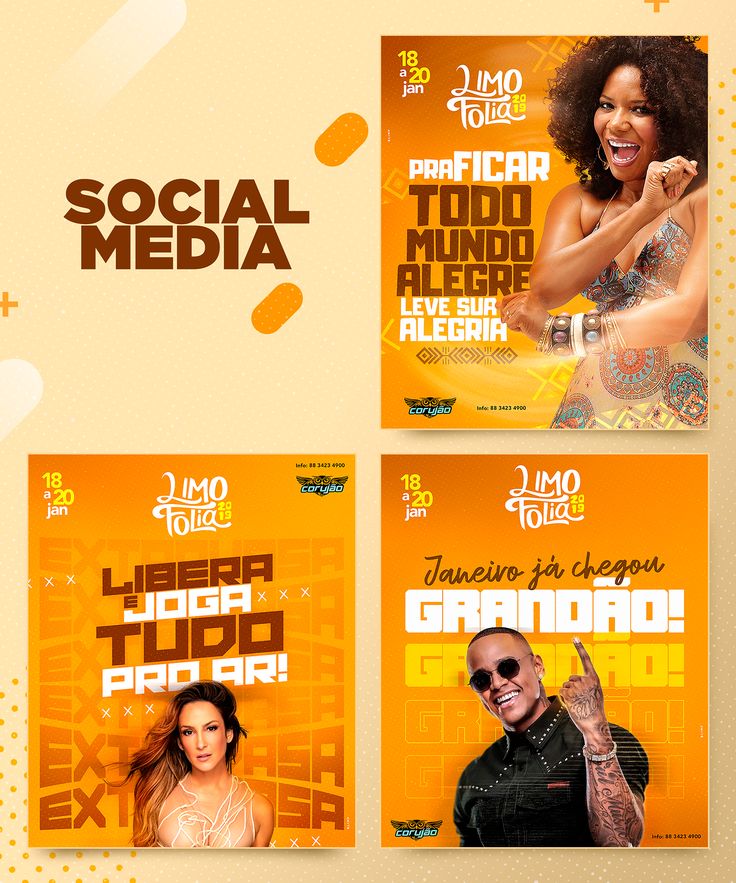 three flyers for a social media event with an image of a man and woman on them