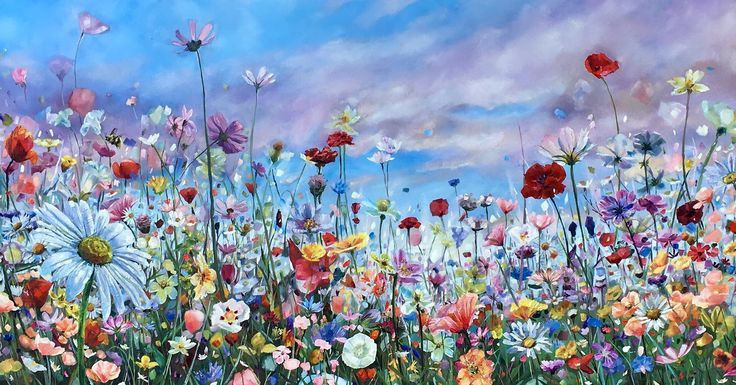 a painting of colorful flowers in a field with blue sky and clouds behind it,