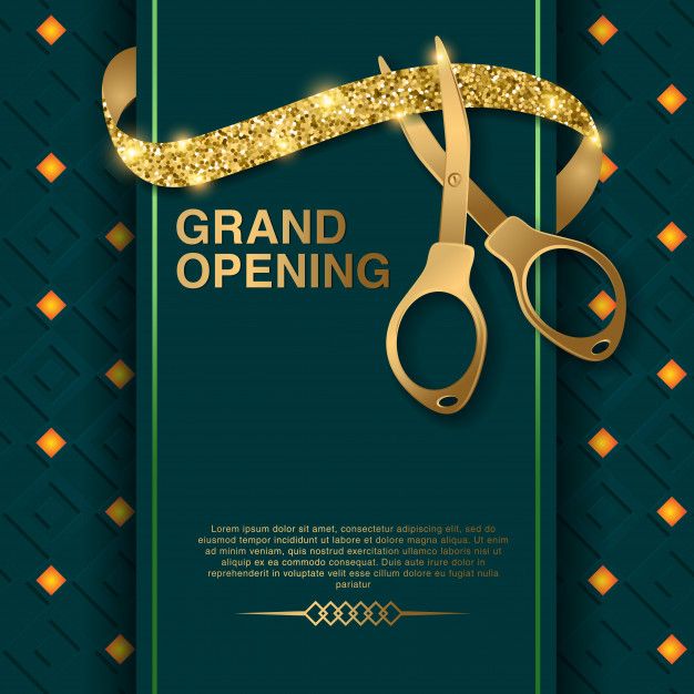 a grand opening poster with gold scissors and ribbon on a green geometric background, eps 8x8