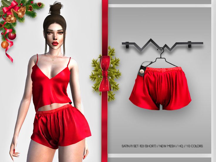 an image of a woman in red shorts and top with christmas decorations on the wall