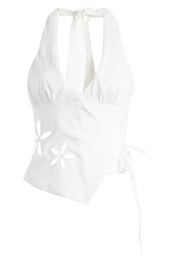 This wrap-style halter top with cutout flowers is sure to be a favorite when the temps begin to rise. 11 1/2" center front length; 8" back length True wrap style with side tie closure; ties at back 56% viscose, 38% polyester, 6% nylon Dry clean Imported Summer Triangle Halter Top With Wrap-around Straps, Summer Halter Top With Wrap-around Straps, Chic Triangle Top Halter For Spring, Chic Triangle Halter Top For Spring, Spring Triangle Tie Back Halter Top, Spring V-neck Halter Top With Tie Back, Fitted Sleeveless Wrap Top For Spring, Chic Cotton Wrap Top For Summer, Chic Summer Halter Top With Cutout