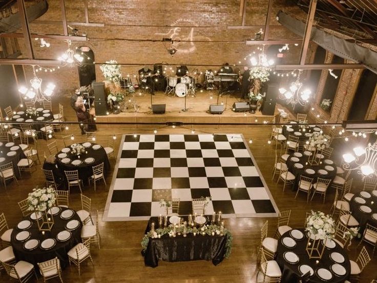 an overhead view of a dance floor with black and white checkerboard on it