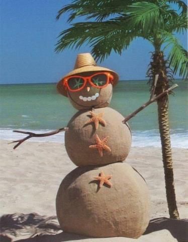 a snowman wearing sunglasses and a hat on the beach next to a palm tree