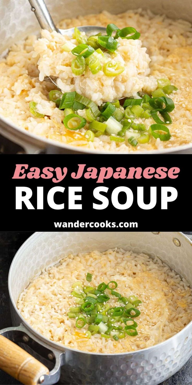 easy japanese rice soup in a pan with green onions and scallions