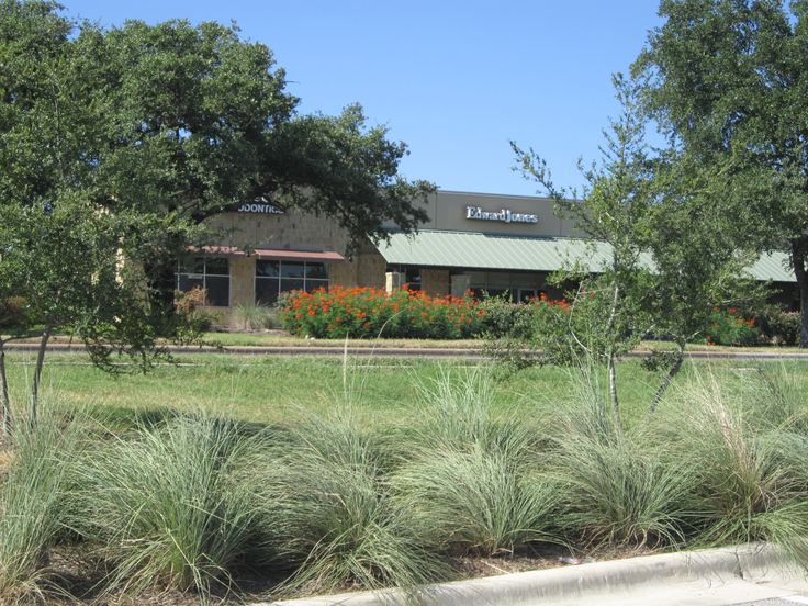 the building is surrounded by tall grass and trees in front of it, along with some flowers