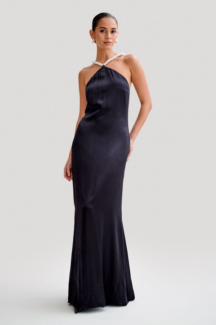 Blanche Satin Pearl Halter Maxi Dress - Black - MESHKI U.S Elegant Backless Halter Dress For Formal Occasions, Elegant Formal Backless Halter Dress, Elegant Formal Halter Dress, Elegant Fitted Bodice Halter Dress, Backless, Elegant Backless Halter Dress With Fitted Bodice, Luxury Halter Neck Evening Dress For Formal Occasions, Luxury Halter Neck Formal Evening Dress, Elegant Fitted Halter Evening Dress, Elegant Spaghetti Strap Evening Dress For Gala