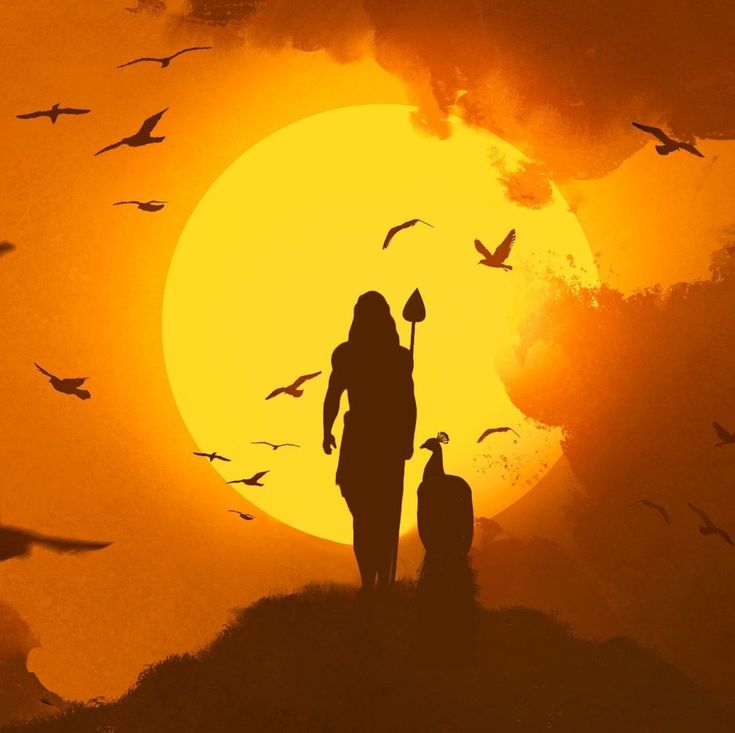 two people are standing in front of the sun with birds flying around them and one person is holding an ax