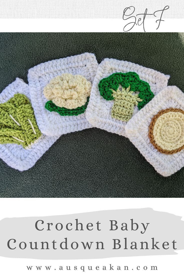 crochet baby corn and broccoli dishcloths with text overlay that reads, crochet baby countdown blanket