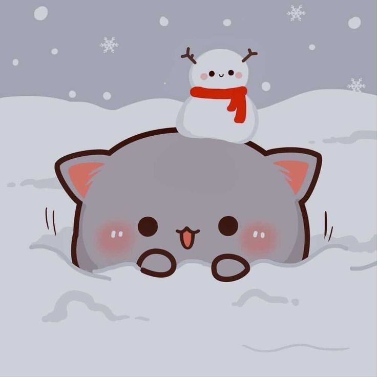 a snowman is sitting on top of a cat's head in the snow