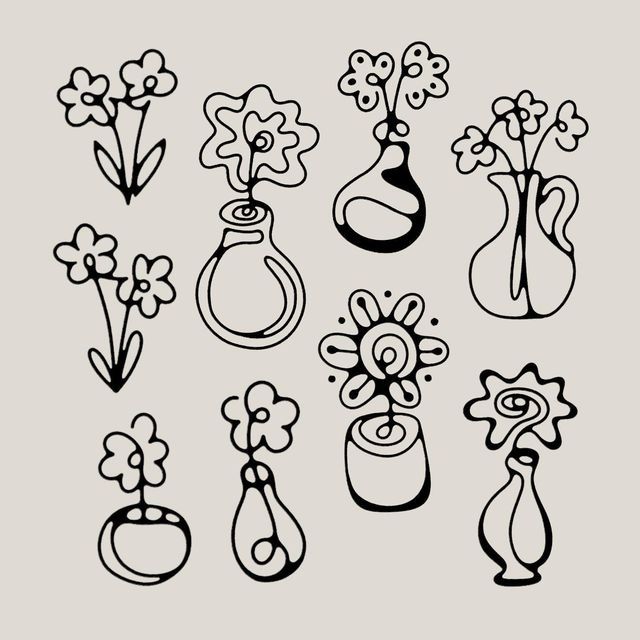 a bunch of flowers in vases drawn with black ink on a gray background illustration