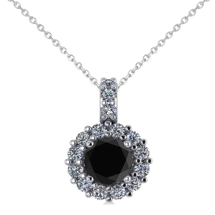 Round Black Diamond & Diamond Halo Pendant Necklace 14k White Gold (0.80ct) Black Diamond Jewelry With Prong Setting, Black Round Cut Cubic Zirconia Jewelry, Black Round Halo Jewelry, Round Black Halo Jewelry, Black Jewelry With Halo Setting For Anniversary, Black Diamond Necklace As A Gift, Black Diamond Necklace Gift, Black Diamond Necklace For Gift, Fine Jewelry Black Diamond Necklace