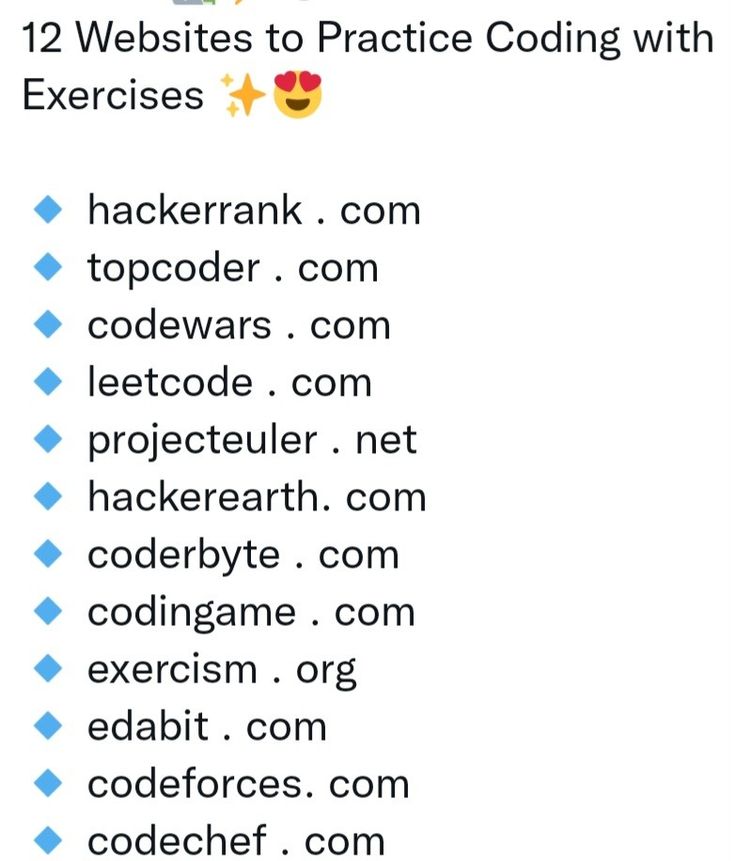 an image of a web page with the text, 12 websites to practice coding with exercises