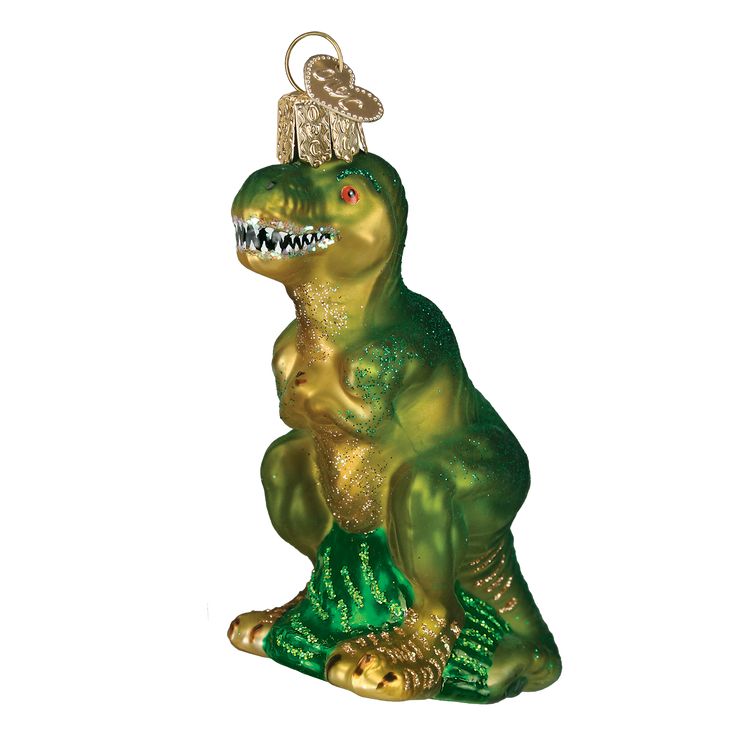 an ornament shaped like a dinosaur sitting on its hind legs, wearing a hat