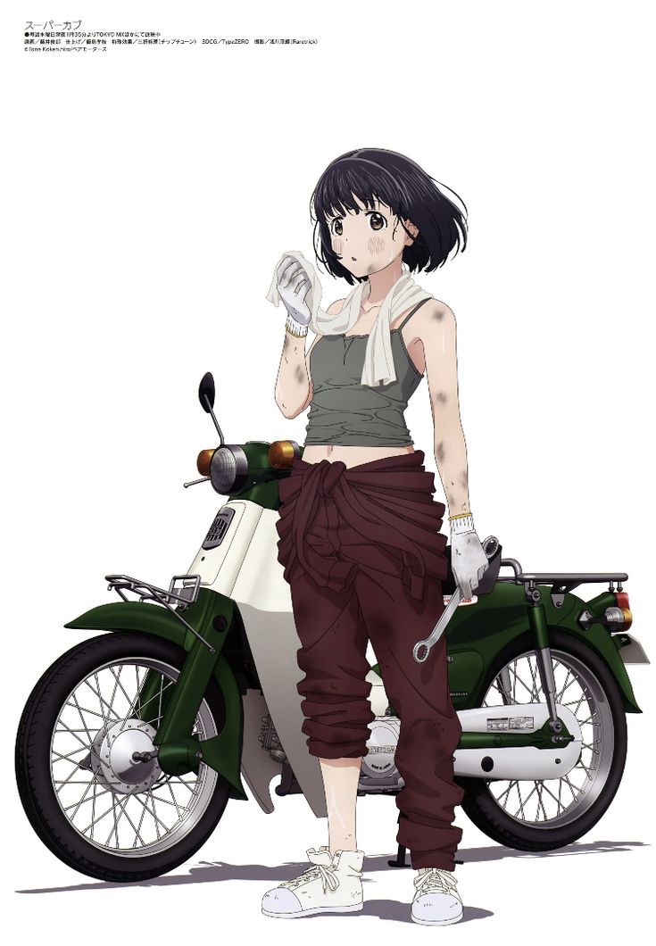 a woman standing next to a motorcycle with her hand on the handlebars and holding a wrench