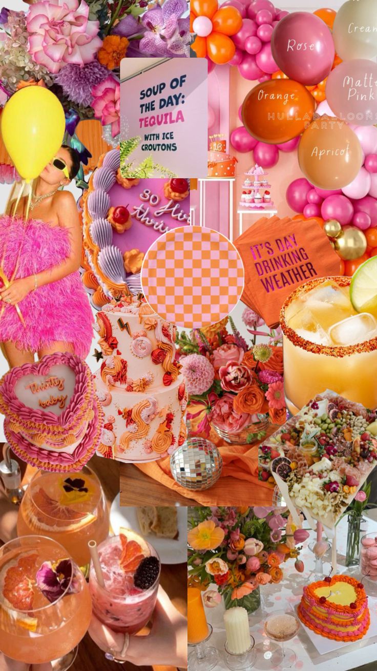 a table topped with lots of pink and orange decorations