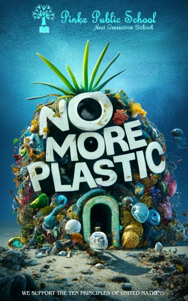 a poster with the words no more plastic in front of an image of a house made out of trash