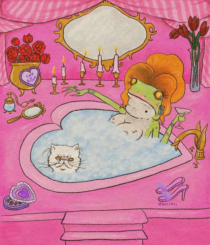 a drawing of a woman in a bathtub with a cat