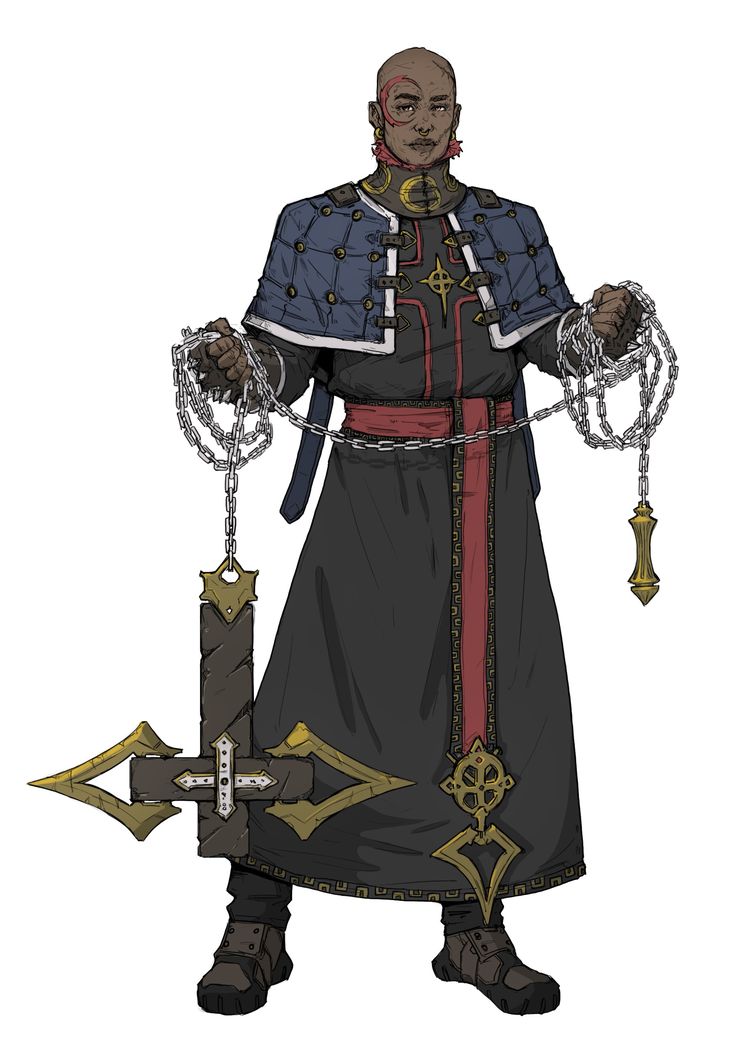 the character is dressed in medieval clothing and holding two swords, with chains hanging from his hands