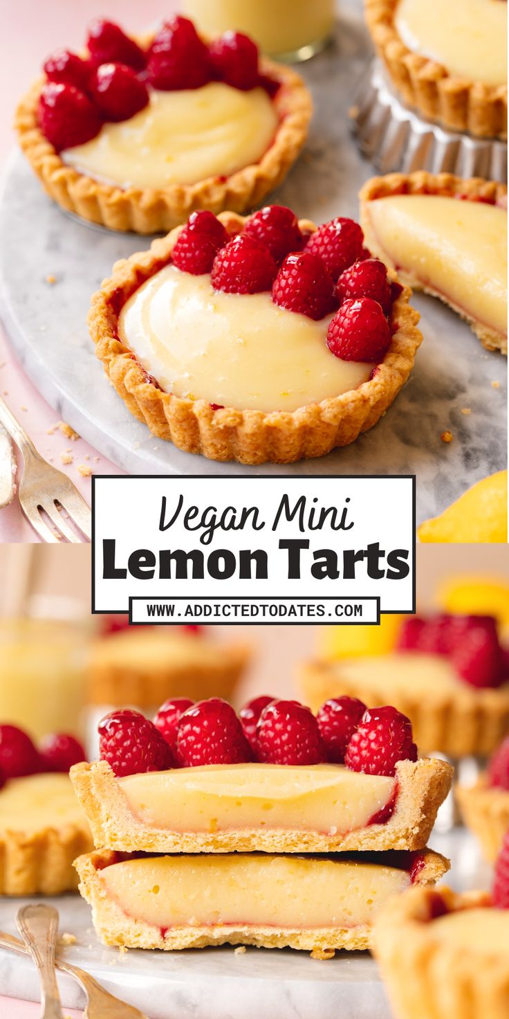 mini lemon tarts topped with fresh raspberries on a marble serving board. Easy Lemon Tart, Mini Lemon Tarts, Lemon Tartlets, Tarte Vegan, Vegan Tarts, Lemon Tarts, Lemon Tart Recipe, Vegan Baking Recipes, Vegan Pie