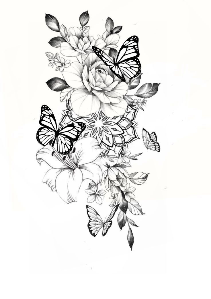 black and white drawing of flowers with butterflies