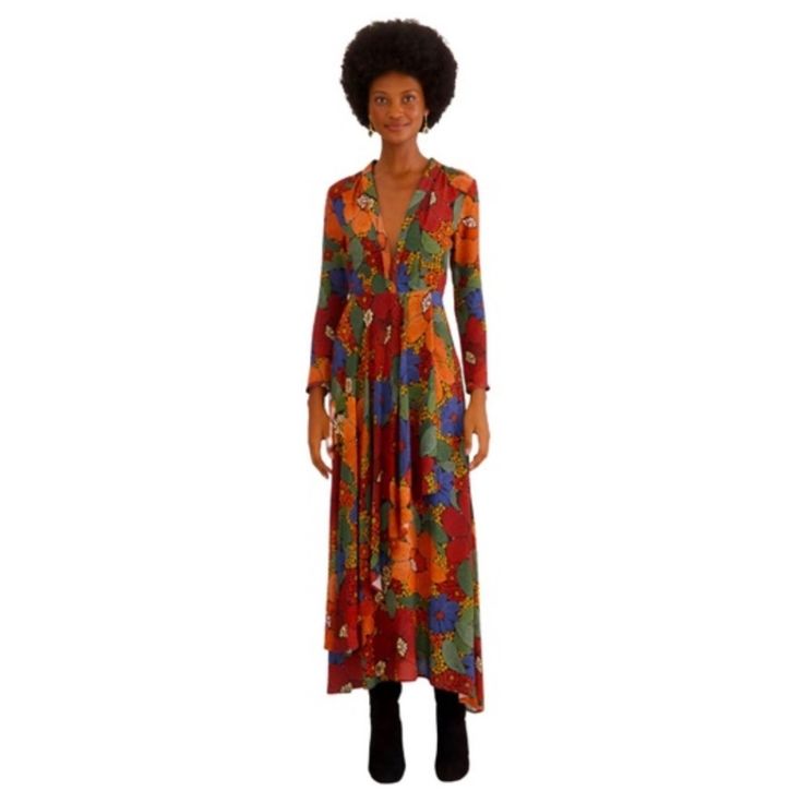 The Perfect Fall Dress! Gorgeous Print. Pairs Well With A Tall Black Boot. Think Wedding, Thanksgiving Festivities, A Day At The Races Fall Floral Print Orange Maxi Dress, Fitted Orange Maxi Dress For Fall, Fall Orange V-neck Midi Dress, Orange A-line Dress For Fall, Fall Season Orange A-line Dress, Orange Midi Dress For Fall, Thanksgiving Festivities, Stitched Flowers, V Neck Maxi Dress