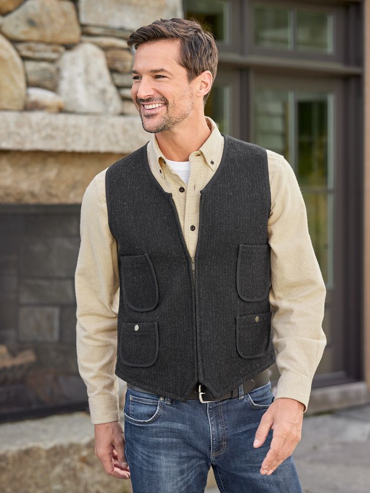 This Versatile Utility Vest Adds a Layer of Insulating Warmth and Has a Place for All Your Essentials Wool Vest With Pockets For Work, Fall Utility Vest For Outdoor Work, Utility Vest For Outdoor Work In Fall, Sleeveless Outdoor Work Vest For Fall, Utility Vest With Side Pockets For Winter, Functional Workwear Vest With Multiple Pockets, Fall Wool Vest With Pockets, Black Winter Vest With Side Pockets, Winter Black Vest With Side Pockets