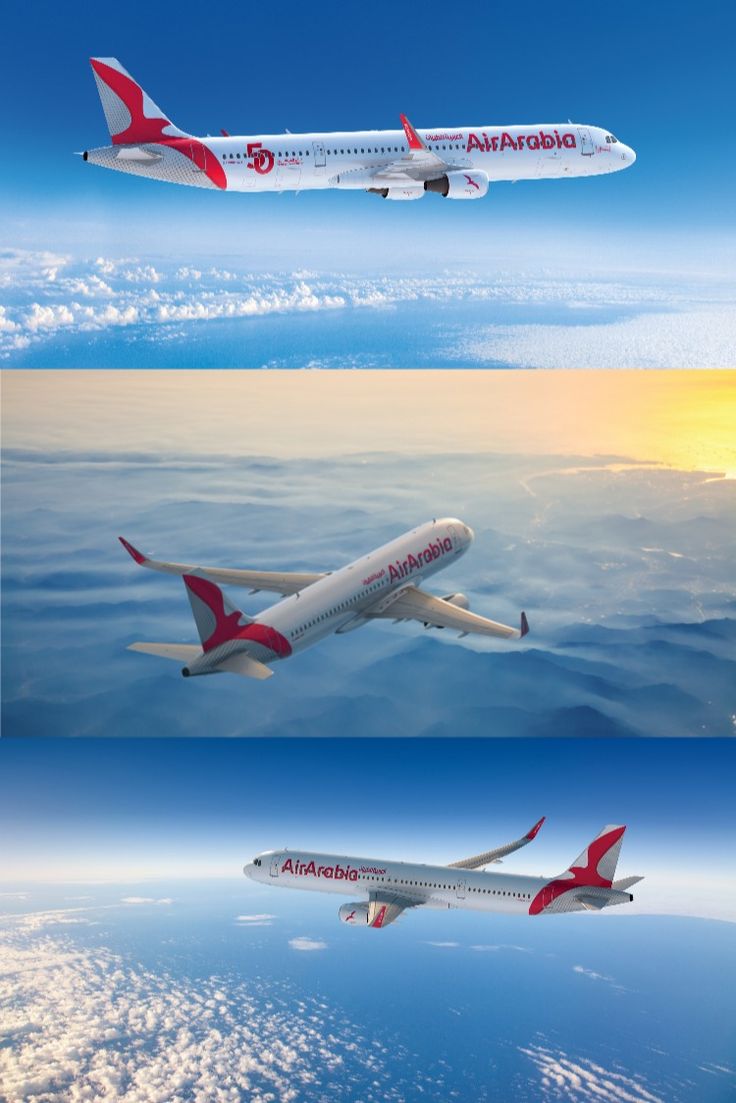 two pictures of an airplane flying in the sky above clouds and water, one is red and white