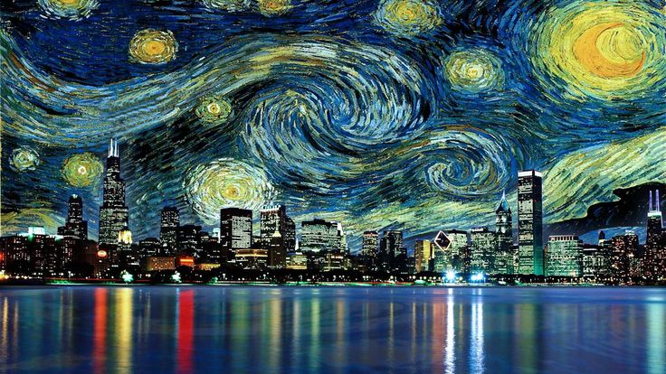 a painting of a city skyline with the stars in the sky and water below it