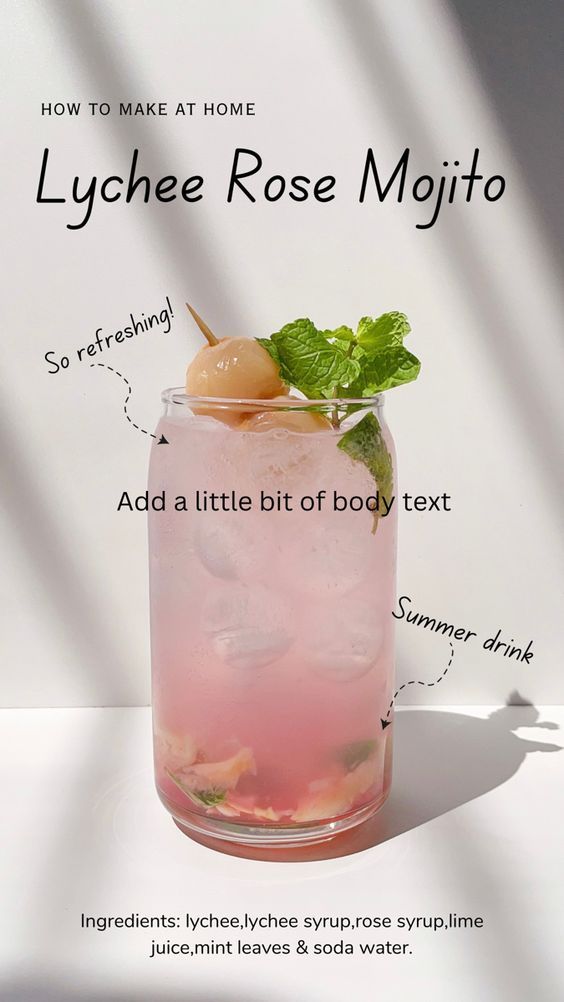 a pink drink in a glass with mint and lemon on the rim, labeled lychee rose mojito