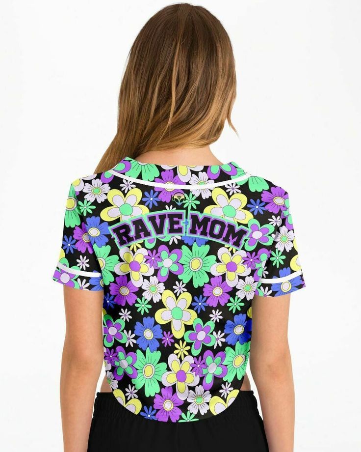 the back of a women's crop top with flowers and words rave mom on it