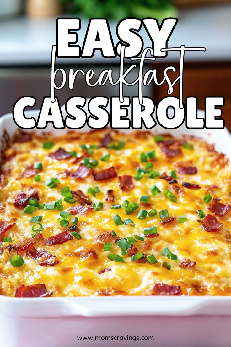 an easy breakfast casserole with bacon and green onions in a white baking dish