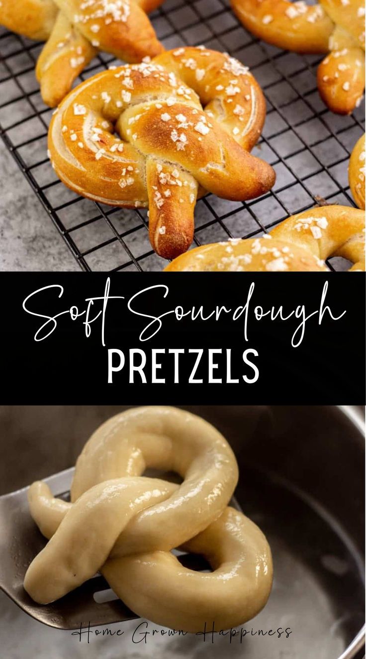 soft sourdough pretzels on a cooling rack with the words soft sourdough pretzels above them