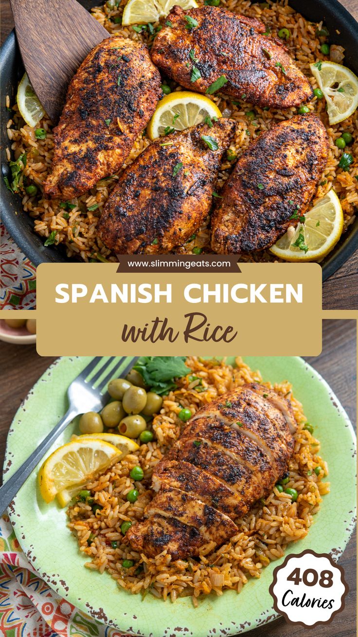 spanish chicken with rice and lemons in a skillet