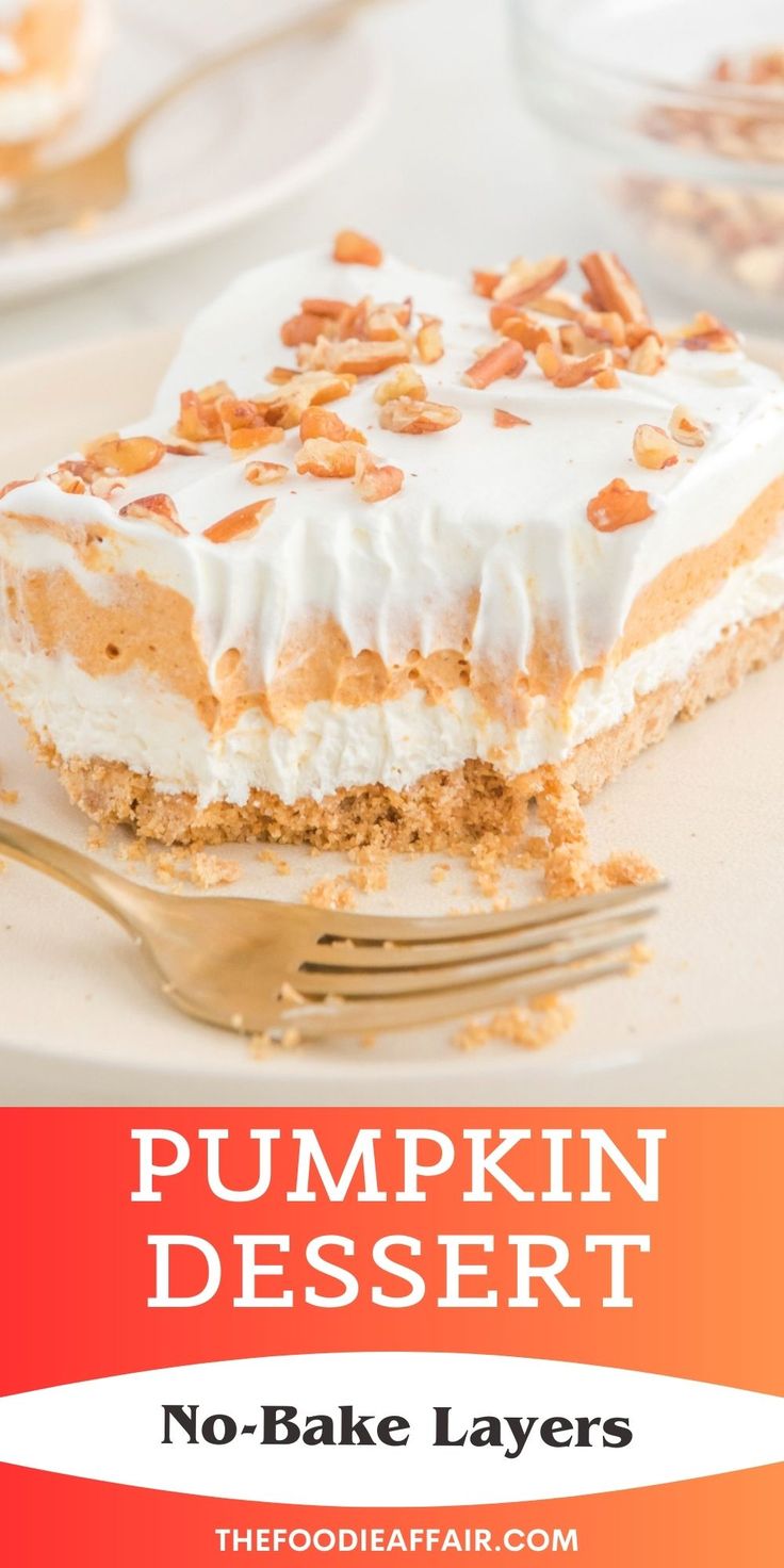 pumpkin dessert no - bake layers on a plate with a fork in front of it