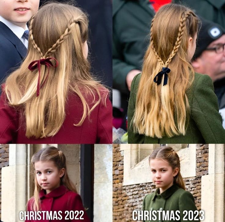 two girls with long blonde hair and one girl wearing a red coat, both have braids in their hair