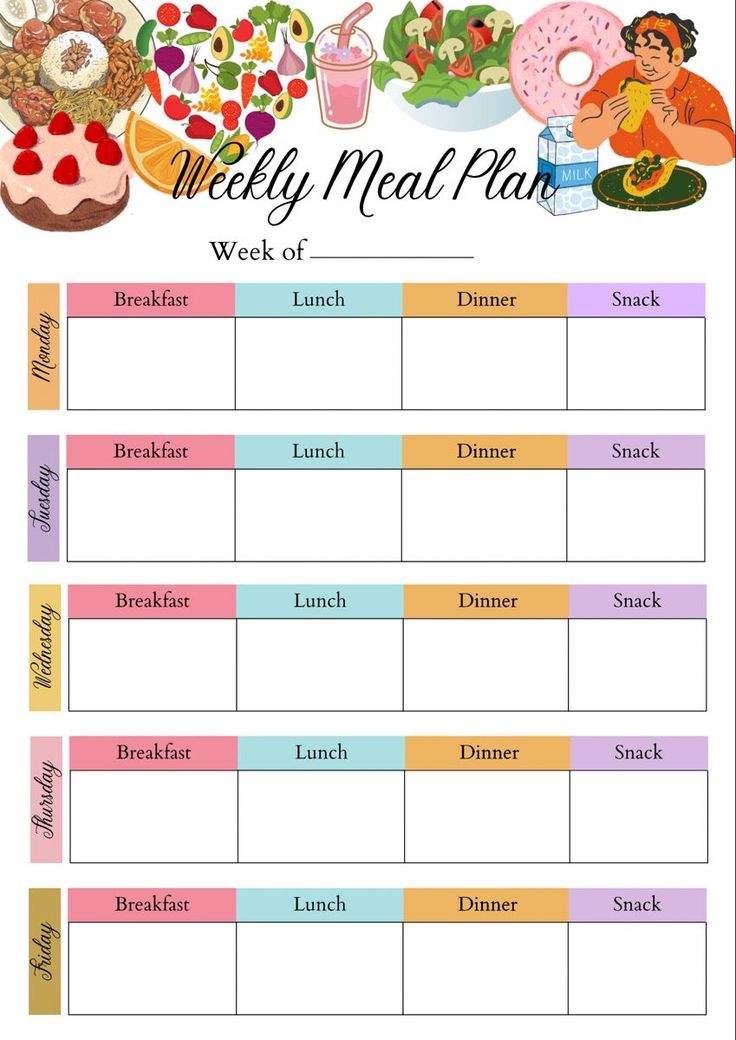 the weekly meal plan is shown in this printable version, with food and drinks on it