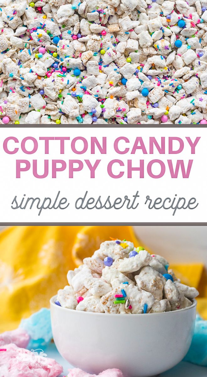 cotton candy puppy chow recipe in a white bowl with sprinkles on top