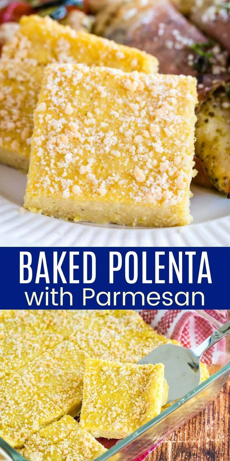 baked polenta with parmesan cheese in a glass baking dish on a wooden table