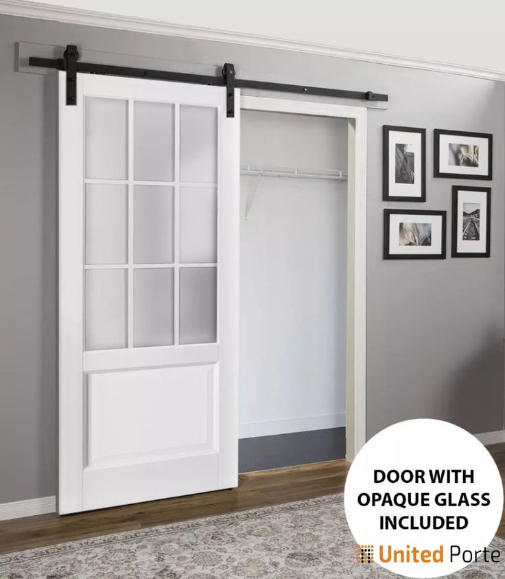 Sturdy  Barn Door with Frosted Glass | Solid Panel Interior Doors | Buy Doors Online Frosted Glass Barn Door, White Barn Door, European Doors, Panel Interior Doors, Soft Opening, Glass Barn Doors, Double Barn Doors, Sliding Barn Door Hardware, Door Stops