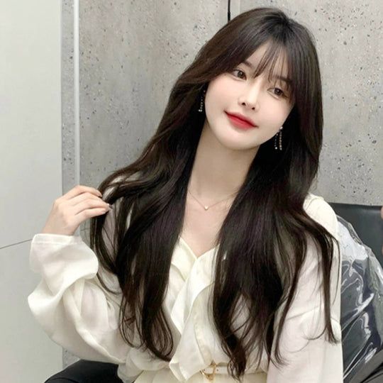 Ulzzang Long Hair, Bangs Hairstyles Long, Korean Long Hair, Ulzzang Hair, Medium Long Haircuts, Korean Haircut, Hair Style Korea, Long Curly Wig, Long Hair With Bangs