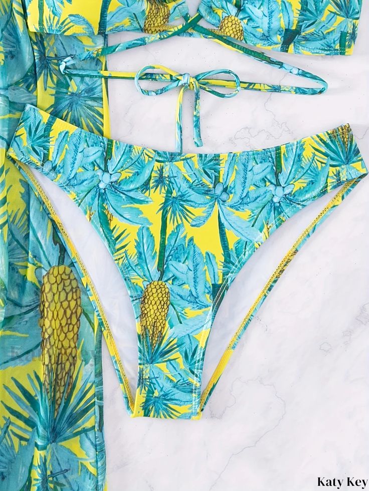 Katykey - Tropical Fruit Print 3-Piece Set: Stretchy Swimsuits, Criss Cross Tie Back Bandeau Bikini, and Stylish Cover Up Pants – Womens Swimwear & Clothing Yellow Summer Sets For Beach Season, Multicolor Two-piece Beach Bottoms, Tropical Style Printed Tie-side Bottoms, High Waist Two-piece Beach Bottoms, Yellow Summer Beach Sets, Printed Tie-side Bottoms For Beach Party, Yellow Beach Sets For Beach Season, Yellow Two-piece Beach Set, Yellow Sets For Beach Season