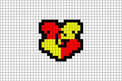 an image of a pixellated heart with the word love in red, yellow and black