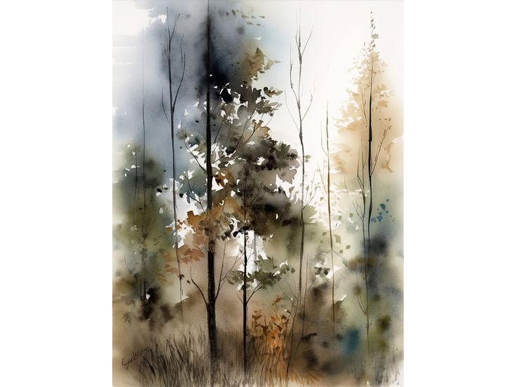 watercolor painting of trees in the woods